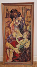 Quadro olio su tavola madre e bambino arte popolare ingenua dell'artista Hilary Proctor