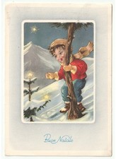 1950 Buon Natale cartolina vintage neve bambino abete decorazioni stelle