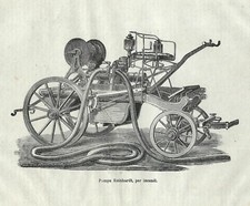 Stampa antica POMPA ANTINCENDIO REINHARDT pompieri 1877 Old Antique print
