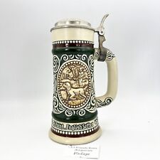 Boccale da birra in ceramica vintage con coperchio in peltro Scena Caccia Pesca 