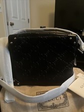 Gucci 626363 GG Borsa bauletto unisex messenger in pelle nera goffrata