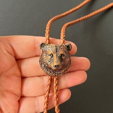 Collana da uomo marrone tridimensionale testa di orso grizzly cravatta bolo western matrimonio