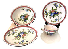 Servizio 4 piatti vintage italiani Faenza Faience blu floreale e ciotola firmati