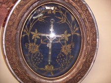 DECORATIVO QUADRETTO D'EPOCA-ARTE POPOLARE DEVOZIONALE-CORNICE OVALE-INUSUALE