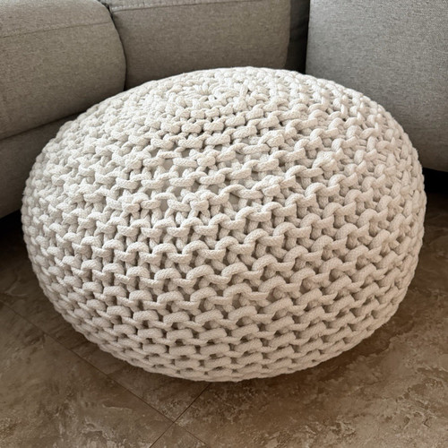 Round white knitted pouf - white,