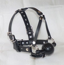 LOCKING PONY PLAY IN VERA PELLE 55mm BLACK BALL GAG bdsm TESTA CABLAGGIO bit ballgag