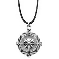 Collana nera ROSA DEI VENTI con ciondolo bussola Argento in corda da Uomo Donna