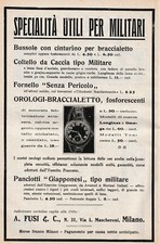 PUBBLICITA' 1915 A.FUSI MILANO UTENSILI MILITARI BUSSOLA OROLOGIO COLTELLO