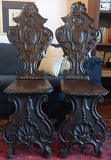 2 SEDIE ANTICHE-SGABELLO IN NOCE EPOCA '800 FINEMENTE SCOLPITE