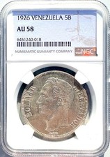 1926 VENEZUELA 5 BOLÍVARES ANTICA MONETA CORONA ARGENTO AU 58 25 GR 0,900 NGC