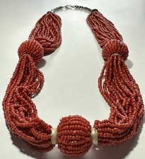 COLLANA BOHO MULTIFILO PERLINE SEMI DI CORALLO ROSSO 65 CM GIOIELLI VINTAGE