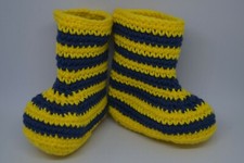 Scarponcini calzini neonato, uncinetto, strisce giallo blu, cotone. Nuovo