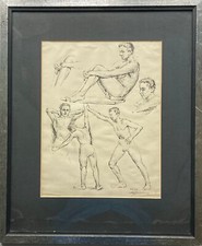 Disegno 1949 H. Hermann Uomini Nudi In Movimento Studi Schizzi 61,5x50,5