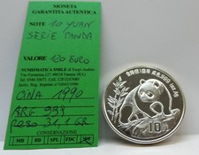 RARA MONETA/ONCIA ARGENTO CINA PANDA 10 YUAN 1990 PESO 31,1 GR. PROOF