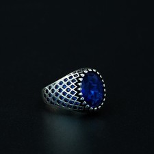 Anello uomo in argento sterling 925 con pietre preziose zaffiro blu fatto a mano