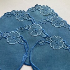 6 centrini vintage sottobicchieri in lino bluette ricamato 15 cm fiore