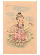 1945 Buona Pasqua cartolina d'epoca bambina cesto uova gallina pulcini