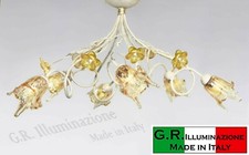 PLAFONIERA IN FERRO BATTUTO 6 LUCI LAMPADARIO AVORIO ORO MURANO CRISTALLO "Leo"