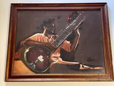 Dipinto ritratto Ravi Shankar musicista indiano famoso firmato anni '70 arte originale