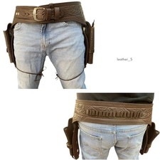 Nuova fondina pistola cowboy western doppia cintura revolver goffrata MARRONE passanti pelle