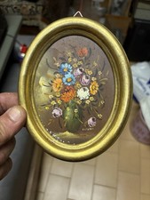 ANTICO DIPINTO AD OLIO SU CORNICE OVALE DI NATURA MORTA FLOREALE FIRMATO Giberti