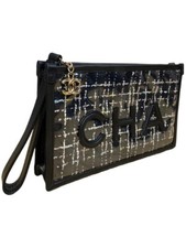 Chanel logo tweed and pvc pouch medium size