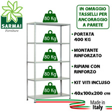KIT SCAFFALE METALLO 5 RIPIANI 100x40x200 GRIGIO 400 Kg MODELLO RINFORZATO