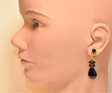 Vintage 50s Firmato Haskell Dorato Pendente Nero Lacrima Forma Clip-On Orecchini