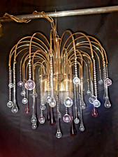 Lampadario anni 70 con gocce Murano rosa e vinaccia Swarovski Vintage Chandelier