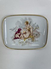 Piatto portagioie porcellana Limoges Francia cherubini colombe bordo oro 4,5” x 6”