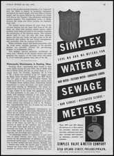 1942 Simplex Valve & Meter Philadelphia contatori acque reflue acqua grezza pubblicità stampa d'epoca