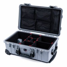 Custodia Silver & Black Pelican 1510 con divisori Trekpak e organizer coperchio in rete.