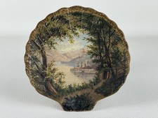 Antico Dipinto “Paesaggio Lariano” Miniatura Su Conchiglia Cartapesta XIX Sec.