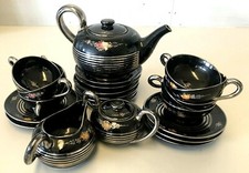 ANTICO SERVIZIO TAZZE THE MAIOLICA LUSTRO NERO FIORI ARGENTO DERUTA DECO 1930