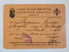 Tessera fascismo Ww2 Cassa Mutua Malattie Lavoratori Agricoli Brescia 1936 
