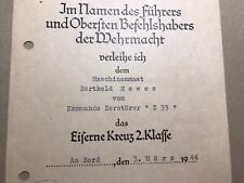 Diploma croce di ferro seconda classe Z 33 cacciatorpediniera tedesca