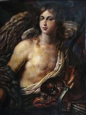 Dipinto antico mitologico olio su tela raffigurante Cupido Icona dell'Amore 