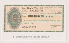 Miniassegni  BANCA del SALENTO - 200 lire  01.04.77  Rif. BDS 6