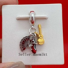 Ciondolo pendente nuovo argento sterling 925 flamenco spagnolo chitarra, scarpa e ventaglio