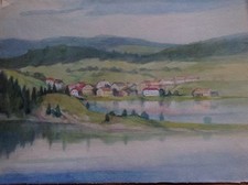 Acquarello colori fine '800 primi '900 paesaggio sul lago case COLLINE abeti