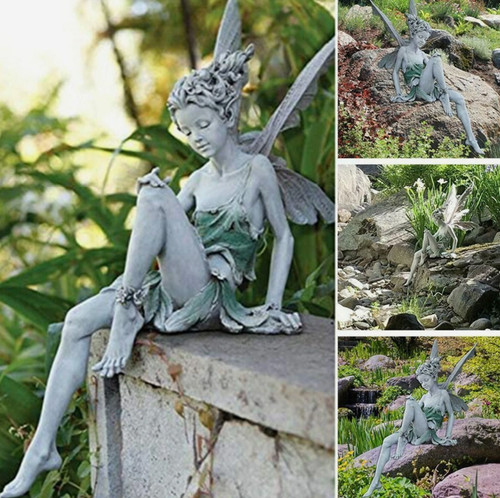 Statua elfo fata - seduta, in