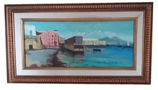 Napoli ed il Vesuvio olio su tela,quadro con cornice oro Misura tela cm. 105x45