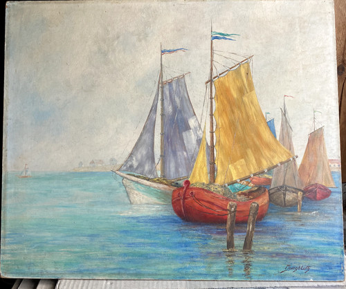 Dipinto olio barche - su, lago