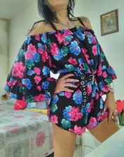 Tutina Intera Playsuit donna Larga Nera A Fiori Spalle Scoperte Vita Alta Volant