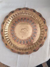 Piatto antiquariato Etnico ottone rame argentato Inciso a mano