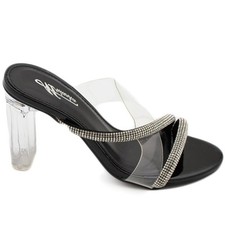 Sandalo donna gioiello nero tacco largo con strass e fascia trasparente 10cm cer