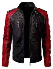 Giacca uomo nera e rossa elegante nuova 100% vera pelle di agnello bomber biker