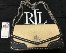 Ralph Lauren Straw & Leather Sawyer Handbag Small Black Silver Lock + Dust Bag