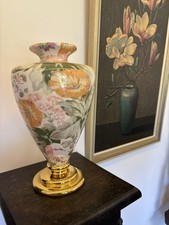 Vaso vintage in porcellana italiana, fiori dorati a mano alto 33 cm