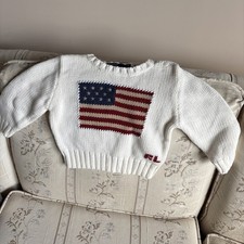 Maglione pullover vintage Polo Ralph Lauren crema bandiera USA con bottoni 12-24 mesi